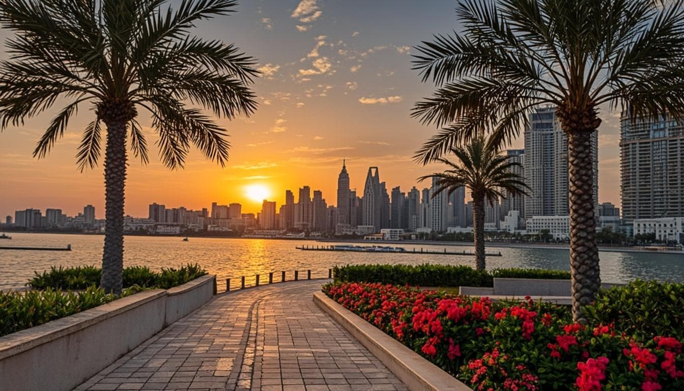 Waterfront promenade at sunset